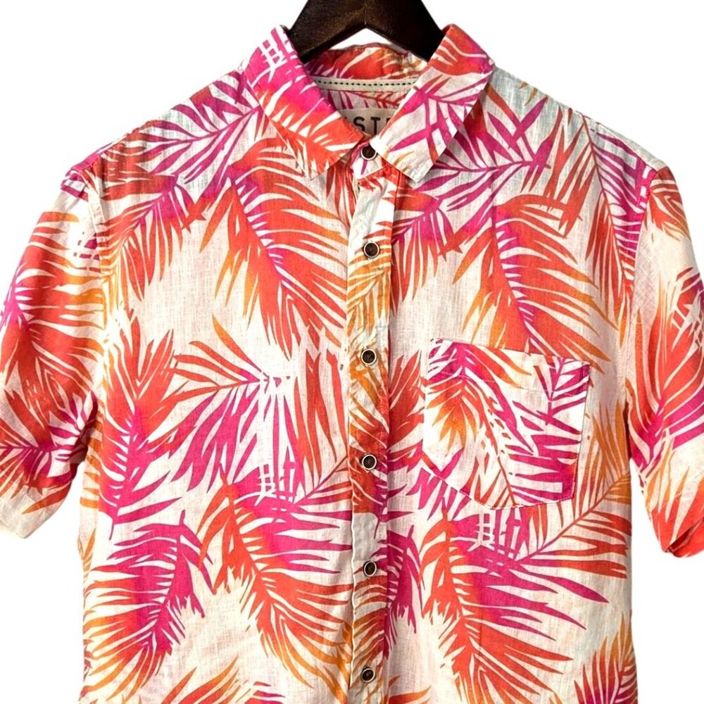 VSTR Pink Orange Tropical Palm Leaf Print Linen Resort Nomad Button Up Shirt M - Picture 4 of 7